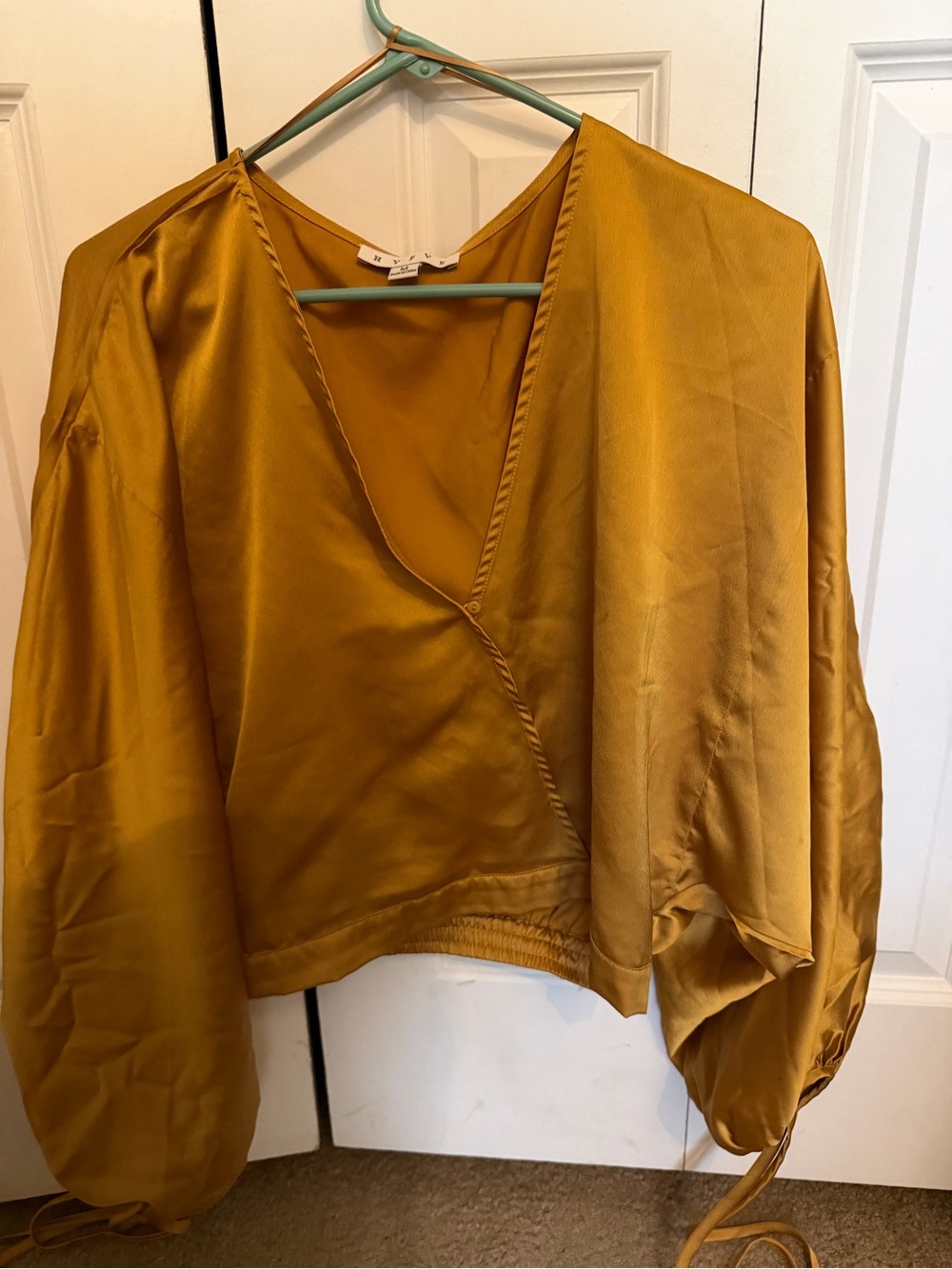 HYFVE Mustard Satin V-Neck Wrap Blouse